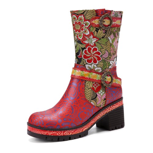 Socofy Women Retro Floral Printing Leather Soft Comfy Chunky Heels Mid  calf Boots