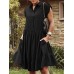 Solid Button Pocket Ruffles Lapel Short Sleeve Shirt Dress