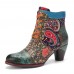 Socofy Retro Paisley Pattern Leather Patchwork Lace  up Design Side Zipper Comfy Low Heel Short Ankle Boots