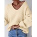 Women Puff Sleeve V  Neck Pleated Spliced Solid Loose Thick Fashion Sweaters