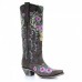 Women Retro Floral Animal Embroidery Leather Pointy  toe V  Cut Chunky Heel Mid  calf Knight Boots