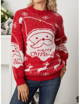 Women Christmas Thermal Knit Cartoon Santa Pattern Casual Sweaters