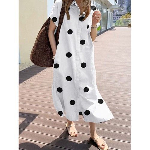 Cottagecore Polka Dot Pocket Lapel Short Sleeve Shirt Dress