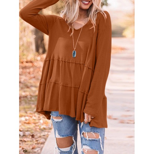 Women Solid Color V  neck Long Sleeve Daily Casual T  shirt