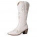 Women Simple Floral Embroidery Printing Leather Comfy Chunky Heels Mid  calf Boots