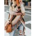 Women Striped Tessel Open Front Knitting Long Sleeve Irregular Hem Cardigan