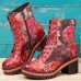 Socofy Women Genuine Leather Colored Flowers Pattern Round Head Mid  tube Boots