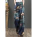 Blue Print Cotton Wide Leg Pants High waist Pockets Summer