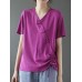 Women loose Solid Color V  neck Short Sleeve Drawstring Ethnic T  Shirt