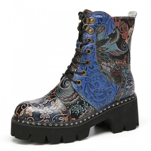 SOCOFY Retro Round Toe Embossing Floral Embroidery Cloth Leather Splicing Wearable Short Boots