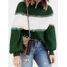 Women Colorblock Kitted Bishop Sleeve Warm High Neck Sweater