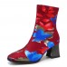 SOCOFY Fashion Flowers Printed Suede Warm Lined Elastic Slip On Chunky Heel Short Boots