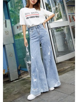 Elegant Denim Blue High Waist Pockets Hole Cotton Wide Leg Pants Summer