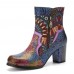 Socofy Bohemian Printed Leather Patchwork Side Zipper Soft Comfy Chunky Heel Ankle Boots