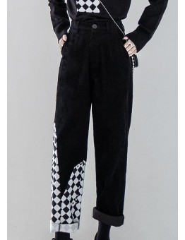 Women Black Patchwork High Waist Warm Fleece Corduroy Straight Pants Fall