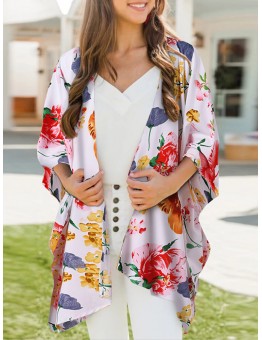 Flower Print Dolman Sleeve Loose Open Front Cardigan