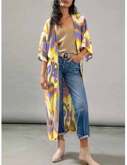 Printing Open Front 3 4 Sleeve Loose Cardigan For Women