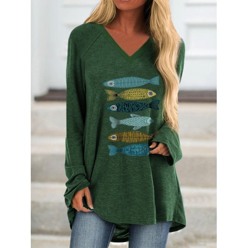 Fish Graphic Long Sleeve V  neck Casual Loose T  shirt