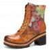 Socofy Women Genuine Leather Colored Flowers Pattern Round Head Mid  tube Boots