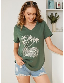 V  Neck Loose Fit Pattern Casual Short Sleeve Summer T  shirt