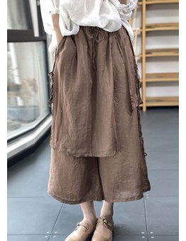 Handmade Coffee Elastic Waist Drawstring Asymmetrical Linen Wide Leg Pants Summer