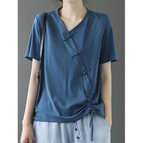 Women loose Solid Color V  neck Short Sleeve Drawstring Ethnic T  Shirt