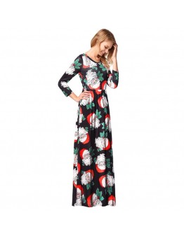 Women Christmas Leaves Printing Pattern Long Sleeves Dress Skirt