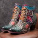 Socofy Retro Paisley Pattern Leather Patchwork Lace  up Design Side Zipper Comfy Low Heel Short Ankle Boots