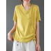 Women loose Solid Color V  neck Short Sleeve Drawstring Ethnic T  Shirt