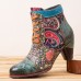 Socofy Retro Paisley Pattern Leather Patchwork Lace  up Design Side Zipper Comfy Low Heel Short Ankle Boots