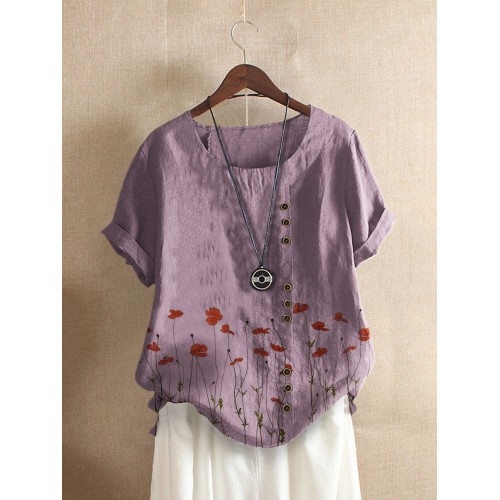 Vintage Floral Print O  neck Short Sleeve Button T  shirt For Women