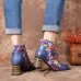 SOCOFY Flowers Embroidery Splicing Genuine Leather Wearable Sole Chunky Heel Ankle Boots