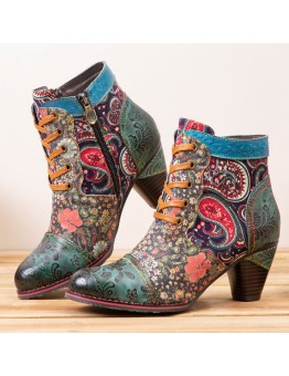 Socofy Retro Paisley Pattern Leather Patchwork Lace  up Design Side Zipper Comfy Low Heel Short Ankle Boots