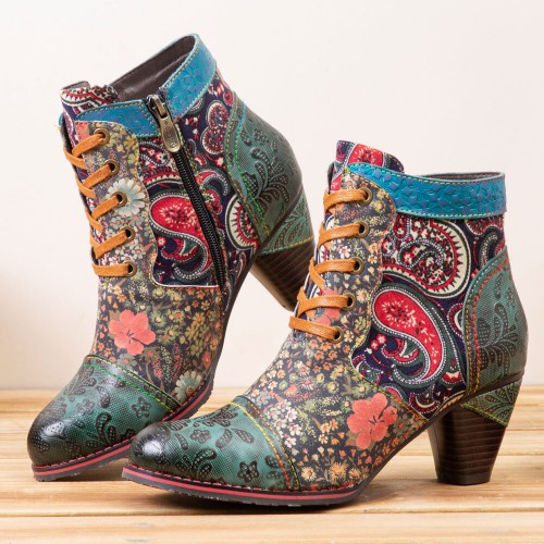 Socofy Retro Paisley Pattern Leather Patchwork Lace  up Design Side Zipper Comfy Low Heel Short Ankle Boots