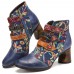 SOCOFY Flowers Embroidery Splicing Genuine Leather Wearable Sole Chunky Heel Ankle Boots