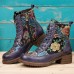 SOCOFY Genuine Leather Round Toe Print Design Vintage Polished Chunky Ankle Boots