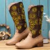 Large Size Women Retro Ethnic Floral Embroidered Comfy Square Toe Chunky Heel Cowboy Boots