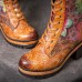 Socofy Women Genuine Leather Colored Flowers Pattern Round Head Mid  tube Boots