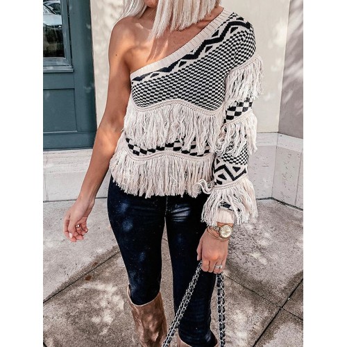 Women Grid Pattern Knitted Stitching One Shoulder Tassel Sweater