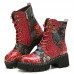 SOCOFY Retro Round Toe Embossing Floral Embroidery Cloth Leather Splicing Wearable Short Boots