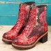 Socofy Women Genuine Leather Colored Flowers Pattern Round Head Mid  tube Boots