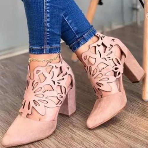 Plus Size Women Hollow Design Pointed Toe Back  zip Casual High Heel Boots