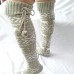 Women Cotton Christmas Festive Elk Pattern Warm Leggings Over Knee Stockings With Fluff