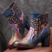 Socofy Bohemian Printed Leather Patchwork Side Zipper Soft Comfy Chunky Heel Ankle Boots