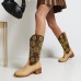 Large Size Women Retro Ethnic Floral Embroidered Comfy Square Toe Chunky Heel Cowboy Boots