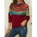 Women Rainbow Striped Print Patchwork Turtleneck Ribbed Sweater